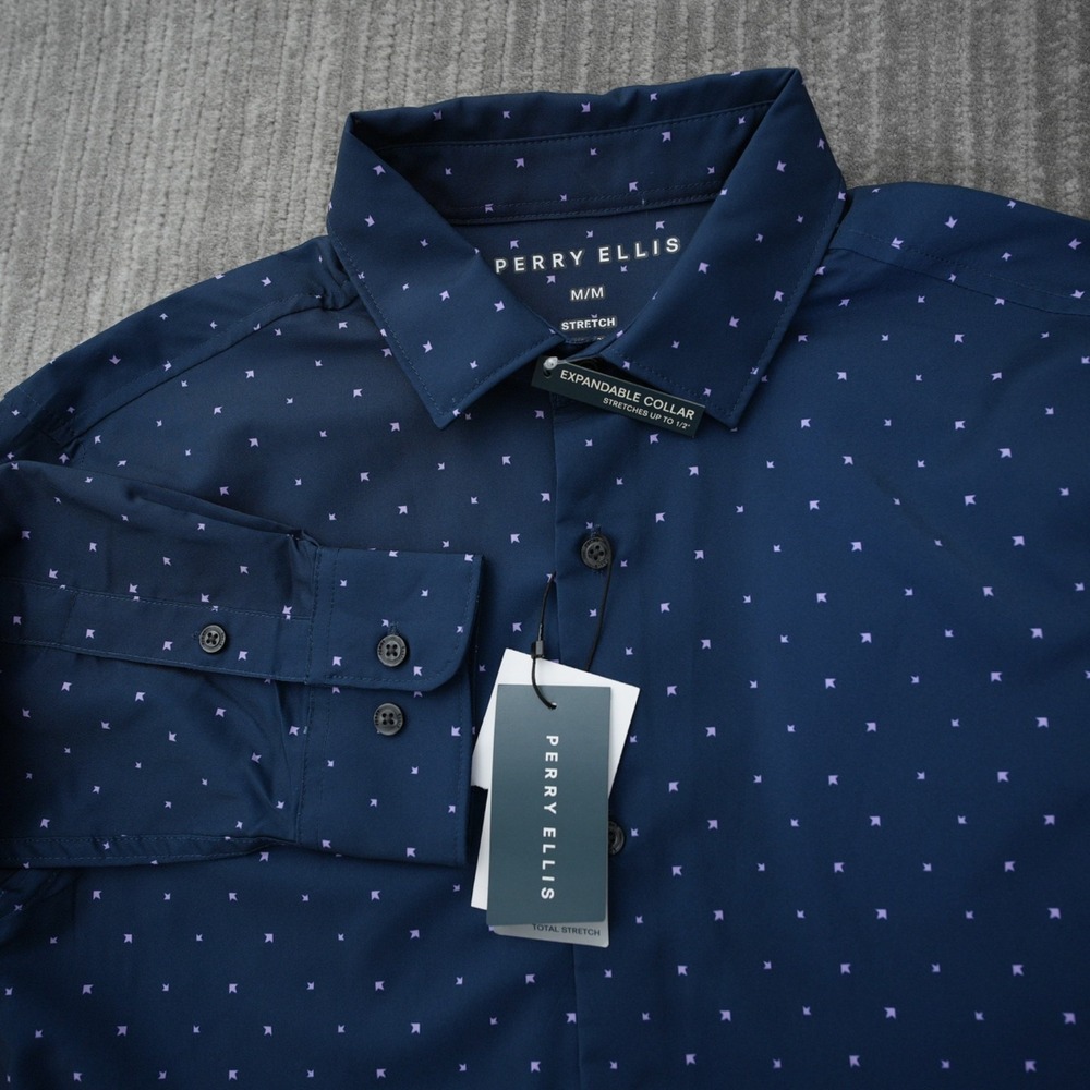 Perry Ellis Shirt Men Button Up Long Sleeve Stretch Dark Blue New Tag Medium